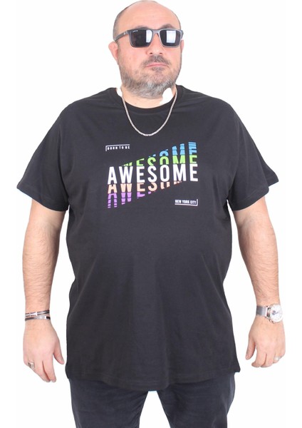 Erkek Büyük Beden Sıfır Yaka Tişört Awesome 25164 Sıyah