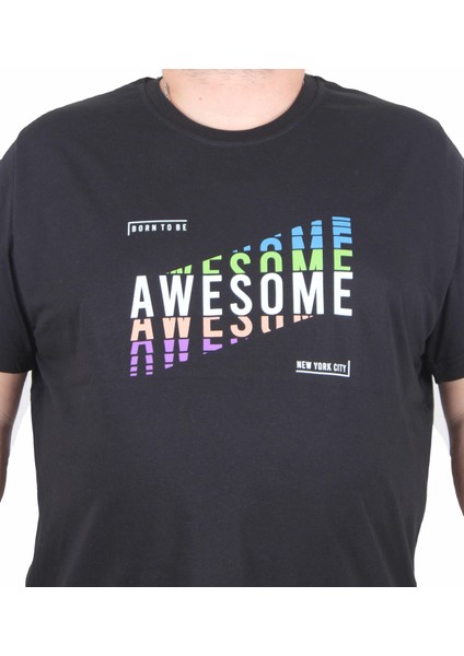 Erkek Büyük Beden Sıfır Yaka Tişört Awesome 25164 Sıyah fiyatları