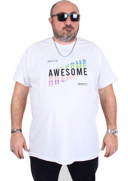 Erkek Büyük Beden Sıfır Yaka Tişört Awesome 25164 Beyaz