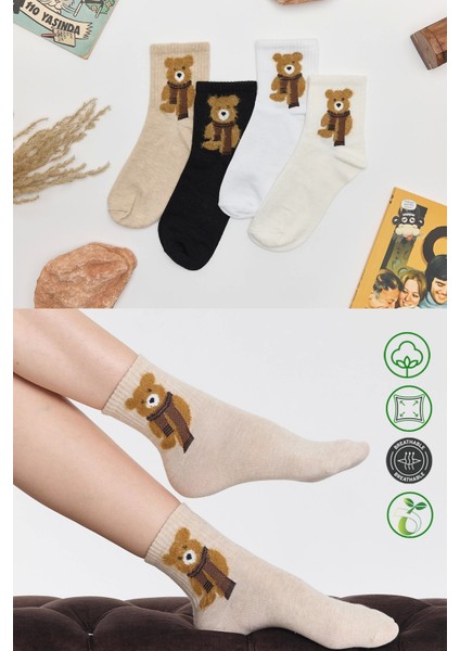 4 Çift Teddy Desenli Unisex Spor Kolej Çorap Seti