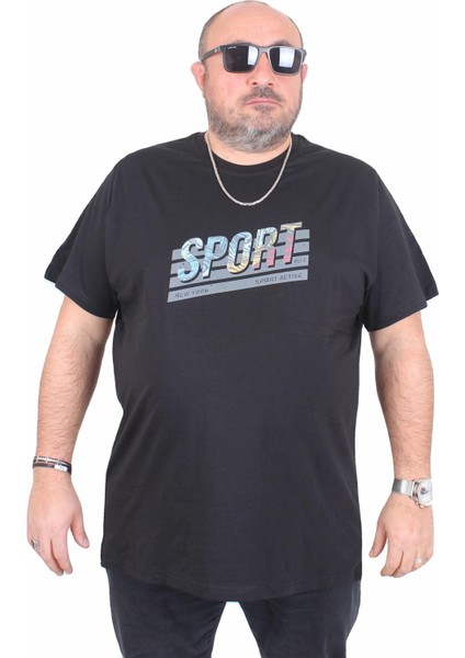 Erkek Büyük Beden Sıfır Yaka Tişört Sport 25162 Sıyah