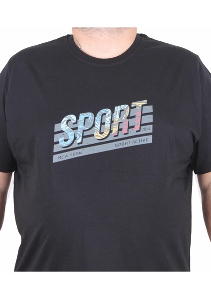 Erkek Büyük Beden Sıfır Yaka Tişört Sport 25162 Sıyah