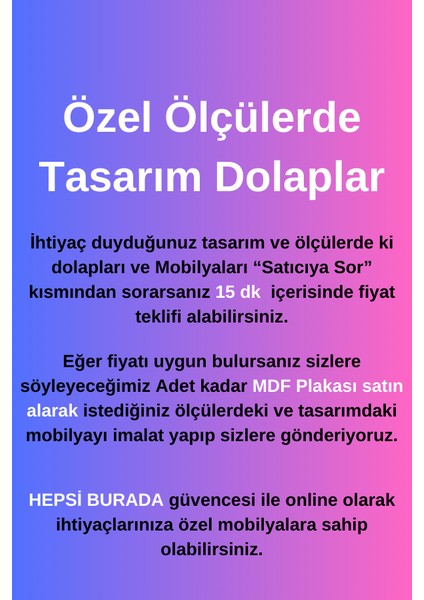 Özel Tasarım ve Ölçülerde Dolaplar (Mdf PLAKA160 x 60) fiyatları