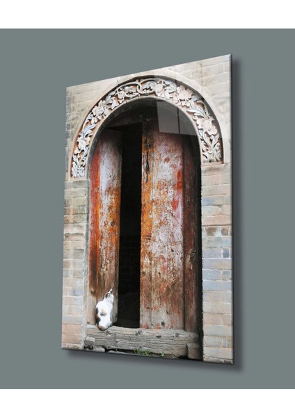 - Oyma Taş Kemerli Ahşap Kapı ve Kedi Cam Tablo
