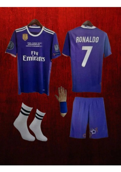 Mor 2017 Cardif Ronaldo Reaal.madridd. Çocuk Alt-Üst Takım T-Shrt +Şort+Çorap+Bileklik