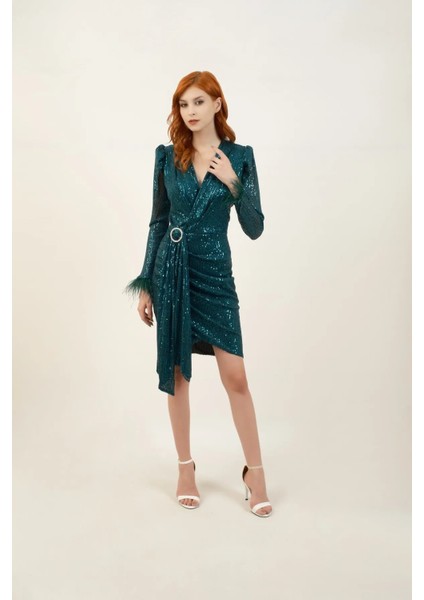 Payetli Otriş Detaylı Karpuz Kol Elbise