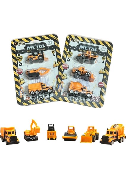 Metal Inşaat Araçları - 6 Adet - Beton Mikseri, Silindir, Forklift, Kepçe, Ekskluvatör, Kamyon