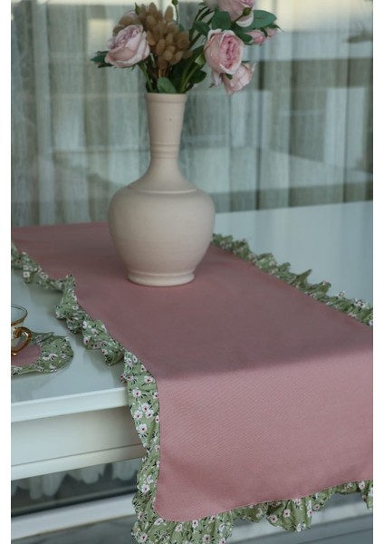Runner Fırfırlı Çiçekli Vintage Pembe Duck Keten