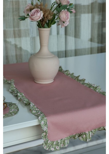 Runner Fırfırlı Çiçekli Vintage Pembe Duck Keten