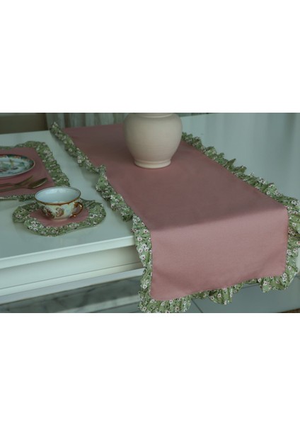 Runner Fırfırlı Çiçekli Vintage Pembe Duck Keten