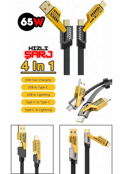 65W 4 In 1 Hızlı Şarj Naylon Örgülü Pd Hızlı Şarj Kablosu Iphone Android Uyumlu Kablo