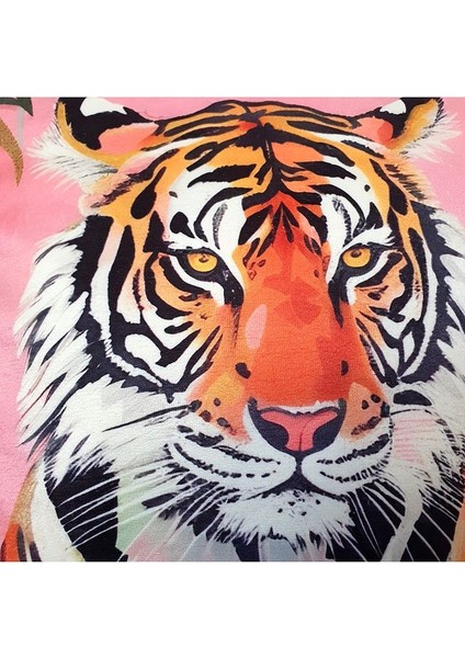 Kaplan Desenli Pembe Kadife Saçaklı Dekoratif Kırlent Kılıfı 43 x 43 cm