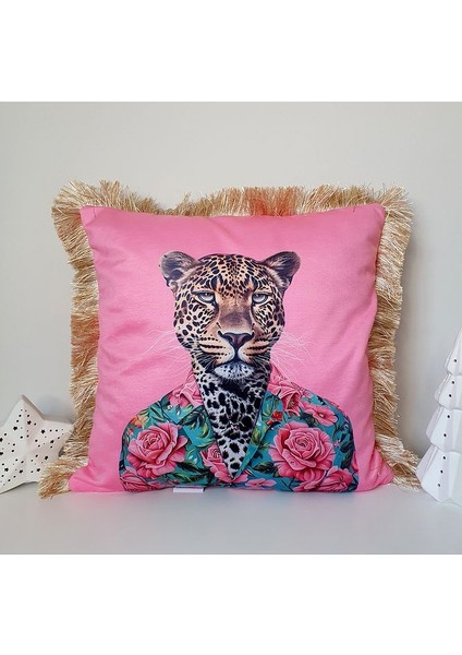 Leopar Desenli Pembe Kadife Saçaklı Dekoratif Kırlent Kılıfı 43 x 43 cm