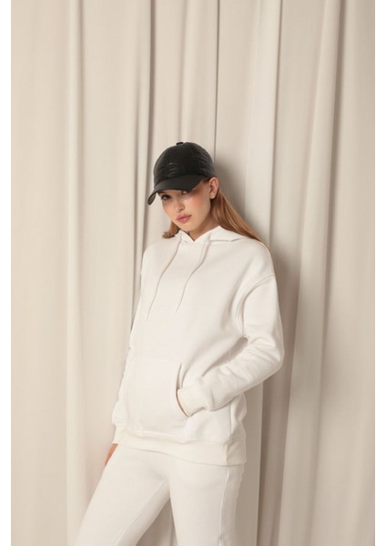 Üç Iplik Kumaş Kanguru Cep Kapüşonlu Kadın Ekru Sweat modelleri