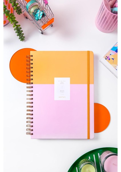 20X28 Spiralli Sert Kapak Lastikli Çizgili Not Defteri Pembe