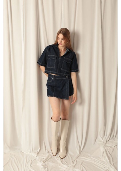 Denim Kumaş Kısa Cepli Crop Kadın Lacivert Kot Ceket modelleri