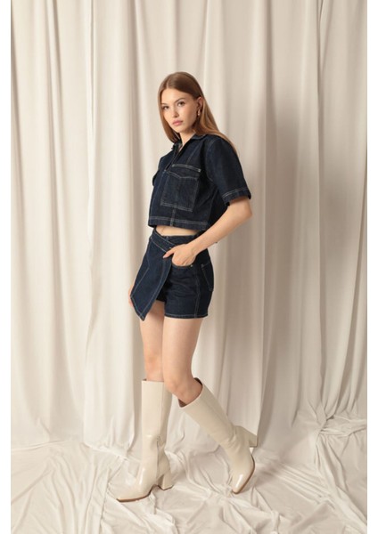 Denim Kumaş Kısa Cepli Crop Kadın Lacivert Kot Ceket fırsatları