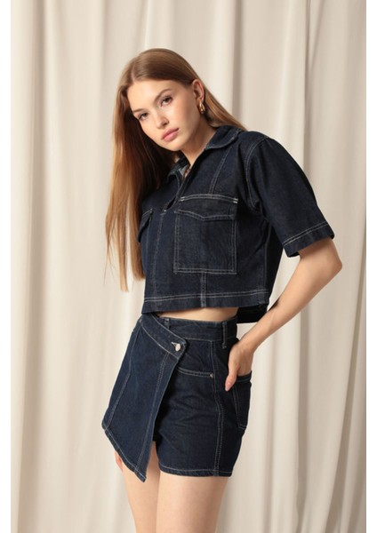 Denim Kumaş Kısa Cepli Crop Kadın Lacivert Kot Ceket indirimleri