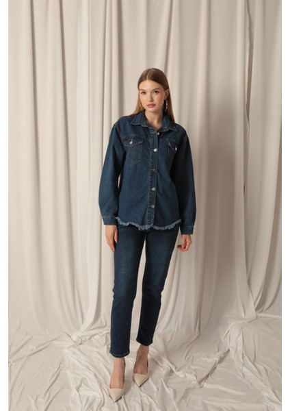 Denim Kumaş Cep Detay Püsküllü Kadın Mavi Kot Ceket fırsatları