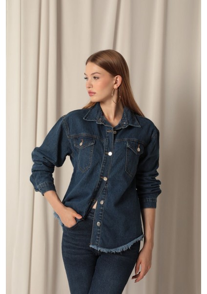 Denim Kumaş Cep Detay Püsküllü Kadın Mavi Kot Ceket indirimleri