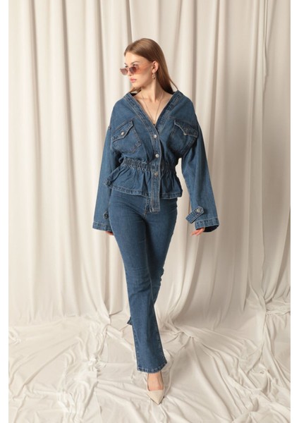 Denim Kumaş Beli Lastikli Kadın Mavi Kot Ceket fırsatları