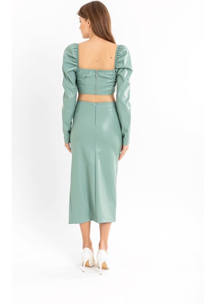 Deri Kumaş Diz Altı Boy Yırtmaçlı Büzgü Detaylı Kadın Etek-Mint fırsatları