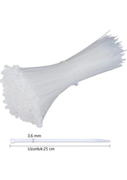 3, 6X250 Beyaz 25 cm Kablo Bağı Plastik Cırt Kelepçe Toplayıcı-100 Adet, Sekatech