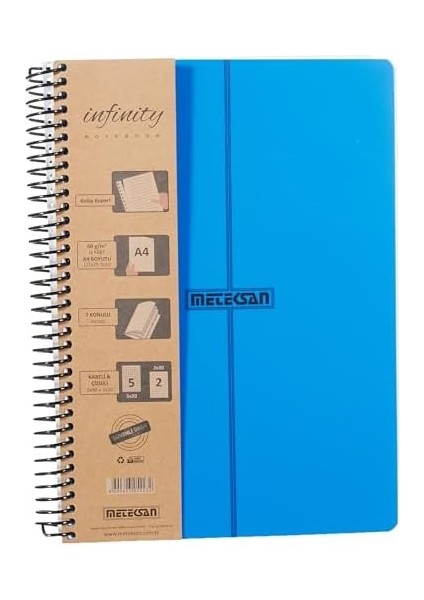 Infinity Primary Serisi, A4, 7 Konulu (5 Kareli, 2 Çizgili) 210 Yaprak Pp Kapaklı Spiralli Defter, Lacivert
