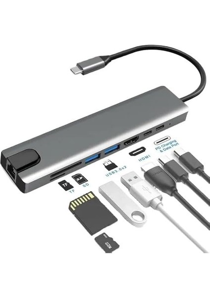 8in1 Type-C 4K HDMI Micro Sd Tf 2xusb3.0 2xtype-C Hub Çevirici (8in1 Type-C-4k Hdmı)