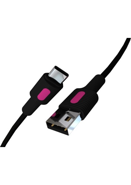 Coral USB A-C Hızlı Şarj Kablosu, Siyah Kablo, Fuşya/siyah Uçlar (120 Cm)