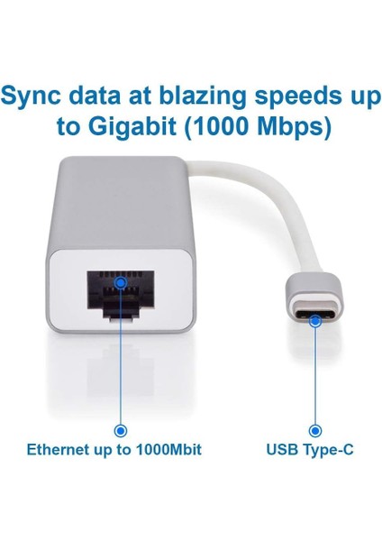 Type C Ethernet 1000MBPS - 1 Gigabit RJ45 Adaptör ve 3 USB Bağlantı Noktası 3.0 Data Hub MacBook Air/pro iMac Acer Hp ile Uyumlu - Gümüş