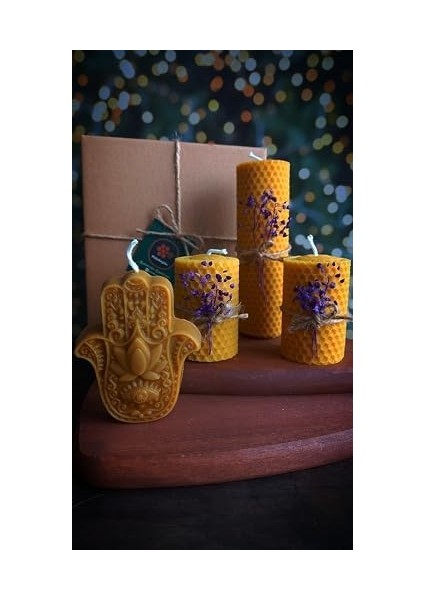 Menashop Doğal Petek Balmumu Mum Hediyelik Dekoratif Set Hamse Bereket Eli Beeswax Canle Gift Set