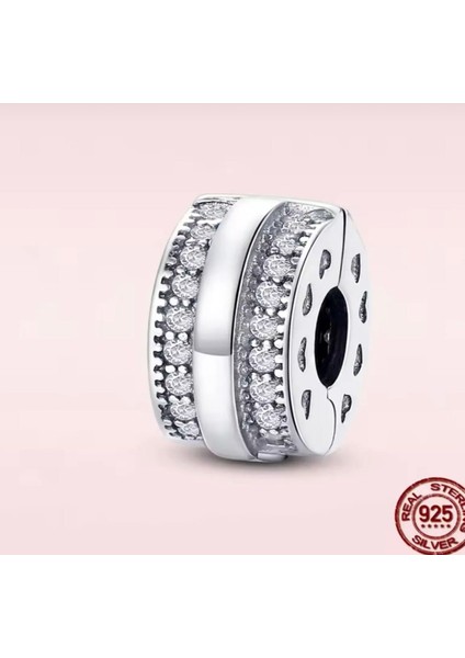 Gümüş Renk Sparkling Pave Lines Logo Klips Charm