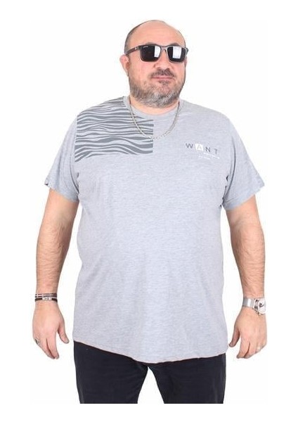Erkek Büyük Beden Sıfır Yaka Tişört Want 25160 Grı Melanj