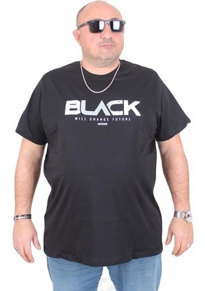 Erkek Büyük Beden Sıfır Yaka Tişört Black 25176 Sıyah