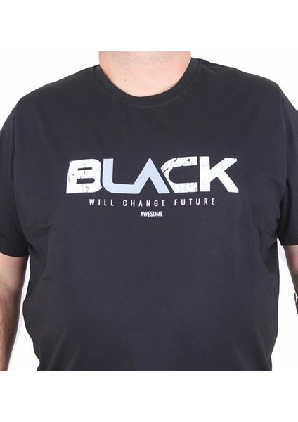 Erkek Büyük Beden Sıfır Yaka Tişört Black 25176 Sıyah