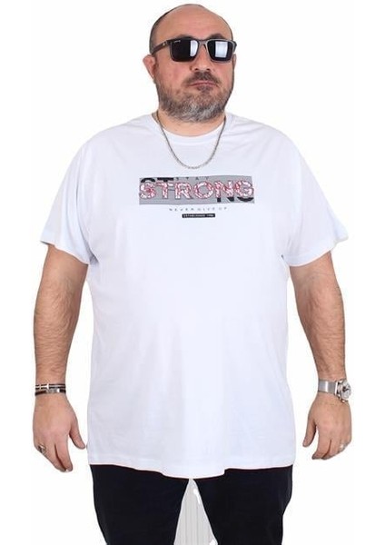 Erkek Büyük Beden Sıfır Yaka Tişört Strong 25167 Beyaz