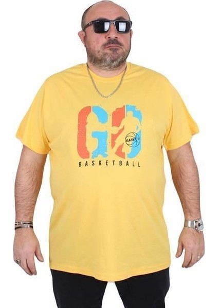 Erkek Büyük Beden Sıfır Yaka Tişört Lets Go 25161 Sarı