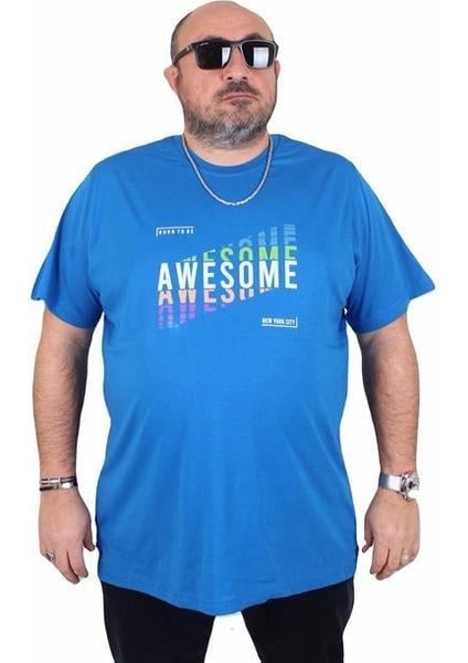 Erkek Büyük Beden Sıfır Yaka Tişört Awesome 25164 Saks
