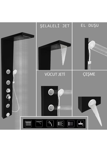 Venüs Siyah Şelaleli Masajlı Duş Paneli - Dikey Jakuzi - Robot Duş - El Duşu - Lüx Duş