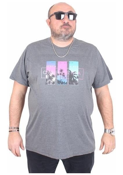 Erkek Büyük Beden Sıfır Yaka Tişört California 25145 Antrasit Melanj