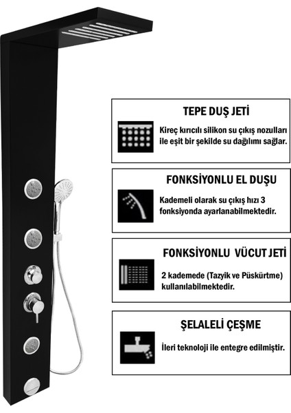 Venüs Siyah Masajlı Duş Paneli - Dikey Jakuzi - Robot Duş - El Duşu - Eviye fırsatları