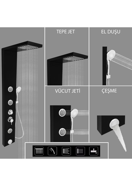 Venüs Siyah Masajlı Duş Paneli - Dikey Jakuzi - Robot Duş - El Duşu - Eviye modelleri