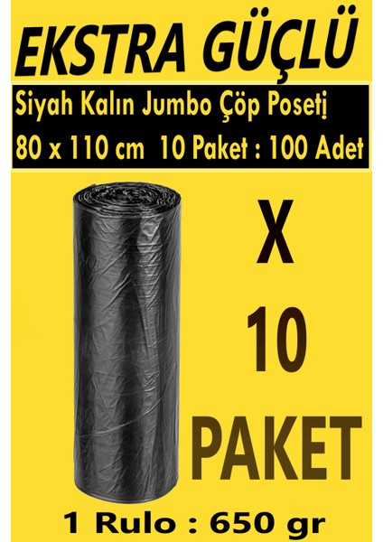 Ekstra Güçlü Siyah Kalın Jumbo Boy Çöp Poşeti 80x110 cm (1 Paket Ağırlığı 650 gr) 5 Paket : 50 Adet