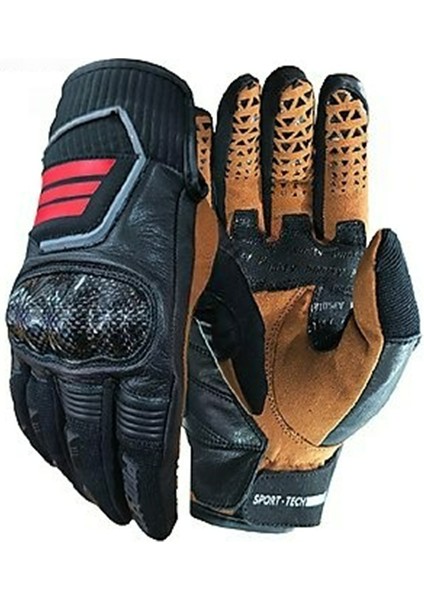 GL63 Deri Motosiklet Eldiveni Siyah Kırmızı Kahverengi