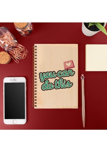 You Can Do This Tasarımlı 8 cm x 12 cm Ölçülerinde Çizgisiz 48 Yaprak Ahşap Kapaklı Defter