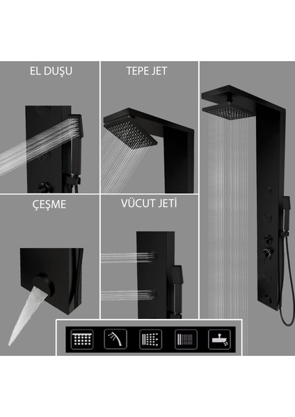 Venüs Siyah Premium Lena Masajlı Duş Paneli - Dikey Jakuzi - Yağmurlama - Çok Fonksiyonlu