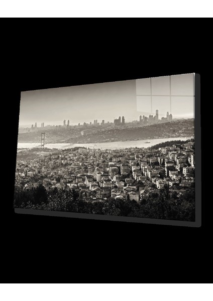 - Siyah Beyaz Istanbul Kuş Bakışı Manzaralı Cam Tablo