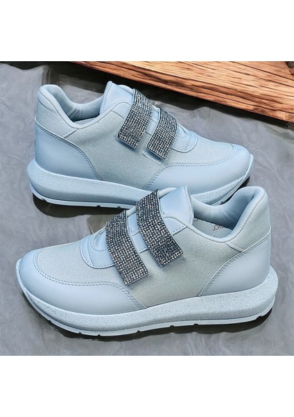 Taşlı Simli Düz Beyaz ve Siyah Cırtlı Ortopedik Bayan Spor Sneakers Ayakkabı