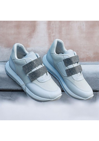 Taşlı Simli Düz Beyaz ve Siyah Cırtlı Ortopedik Bayan Spor Sneakers Ayakkabı fiyatları